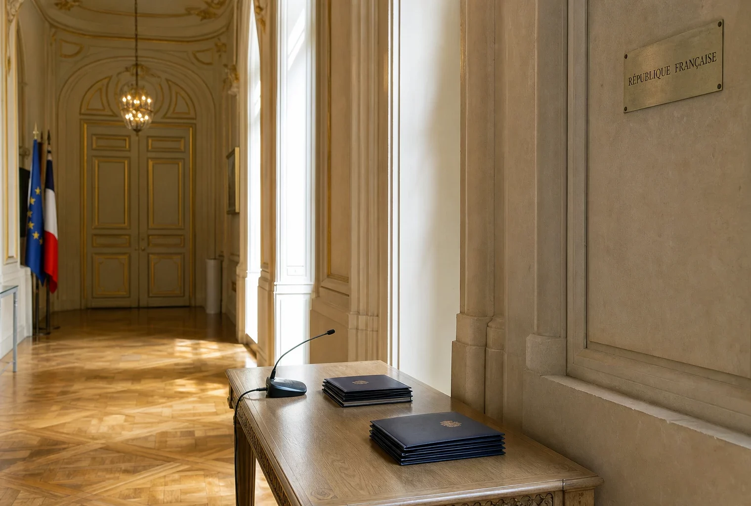Couloir institutionnel de Matignon avec dossiers de briefing, lumière naturelle claire et ambiance gouvernementale sobre.
