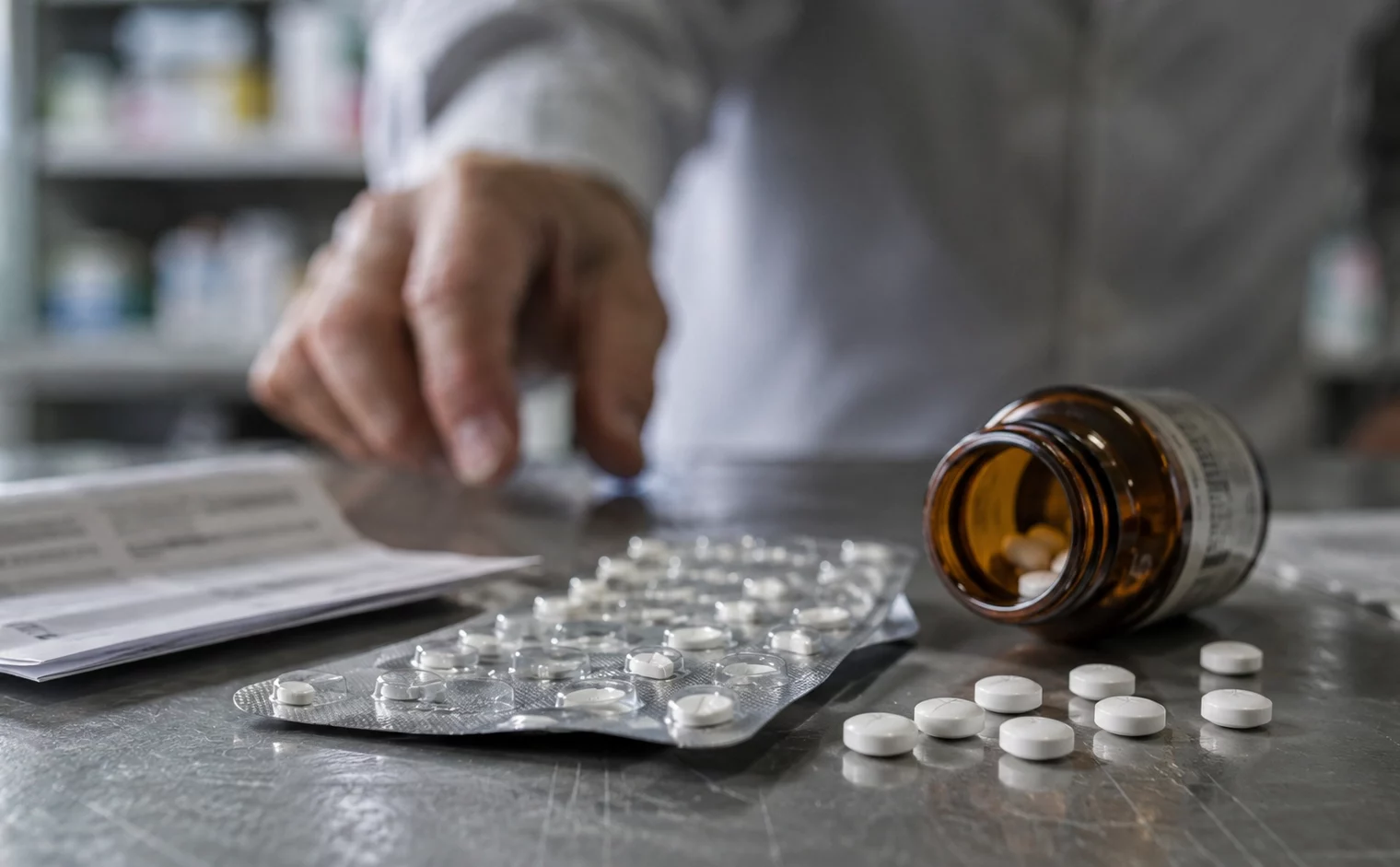 Plaquettes de comprimés blancs et flacon ambré ouverts sur un comptoir de pharmacie, avec la main floue d’un pharmacien en arrière-plan