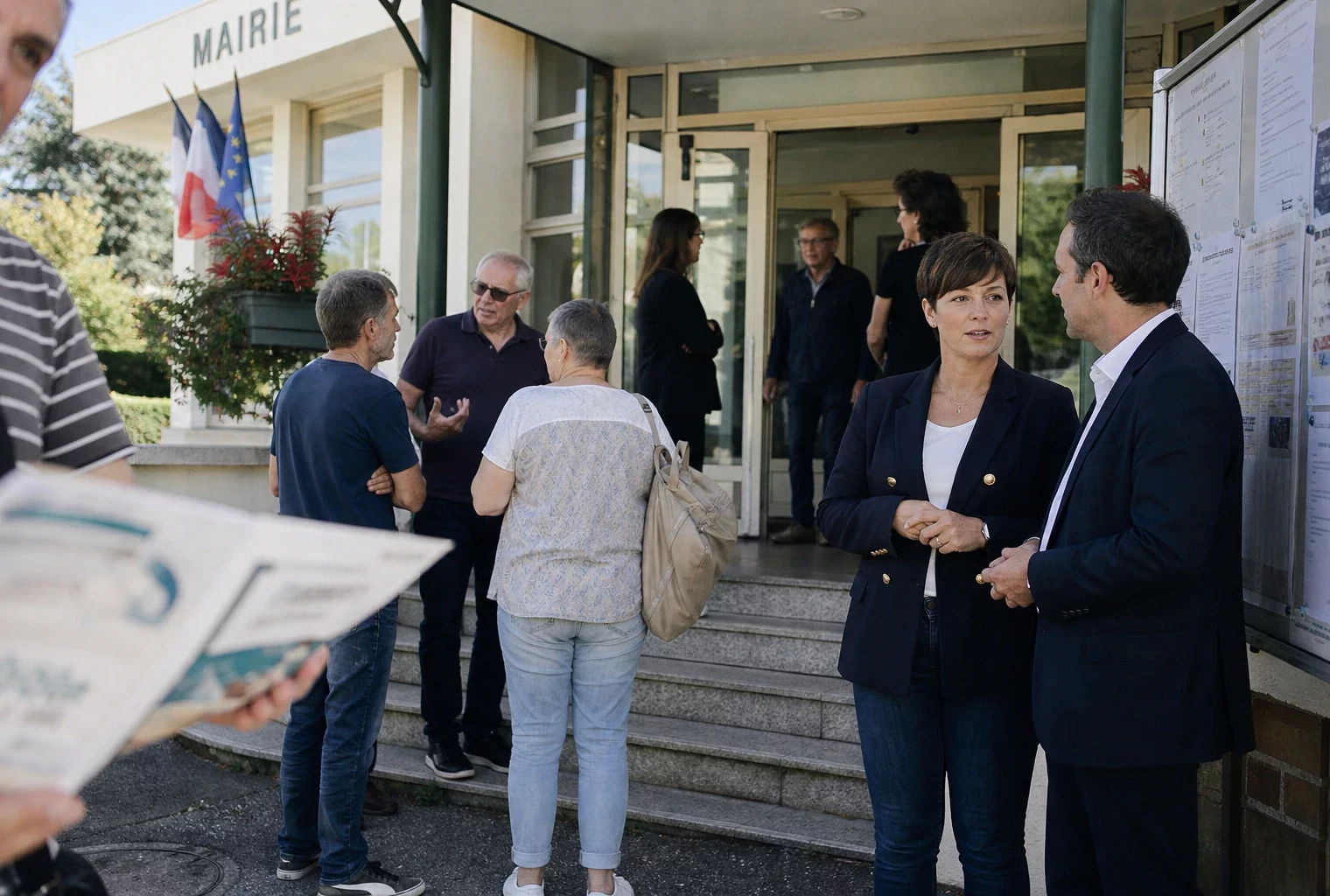 Des habitants et élus anonymes discutent devant une mairie de banlieue française après un meeting local.