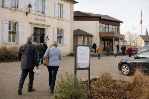 Des habitants quittent un meeting local devant une mairie de ville moyenne en fin d’après-midi.