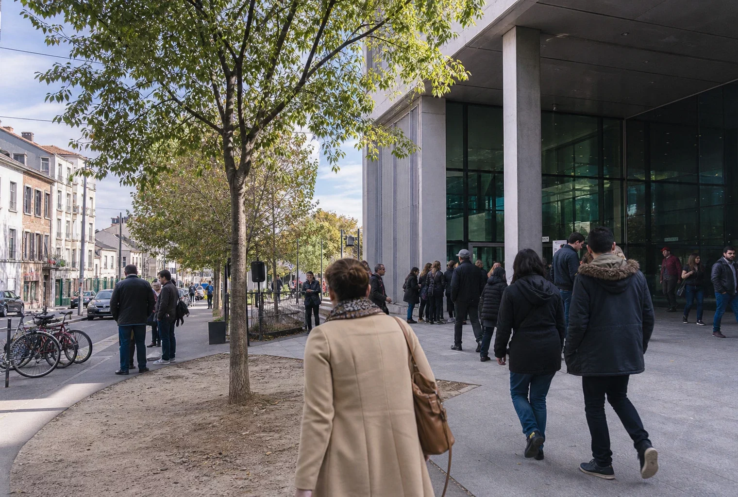 Des militants arrivent devant un lieu de meeting à Aubervilliers, dans une scène de rue claire et réaliste.
