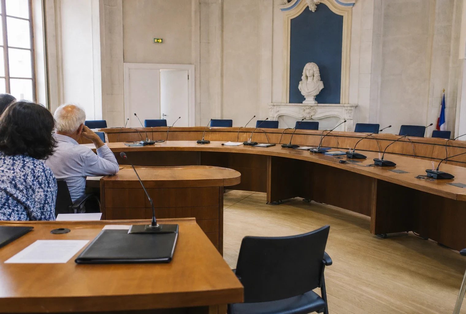 Salle municipale lumineuse avec micros, dossiers et chaise vide pour illustrer la bataille de la gauche en 2027