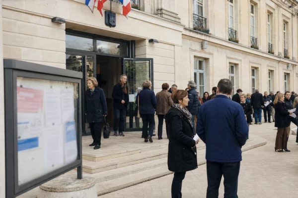 Des citoyens arrivent devant une mairie locale lors d’un rendez-vous politique de quartier, en lumière naturelle.
