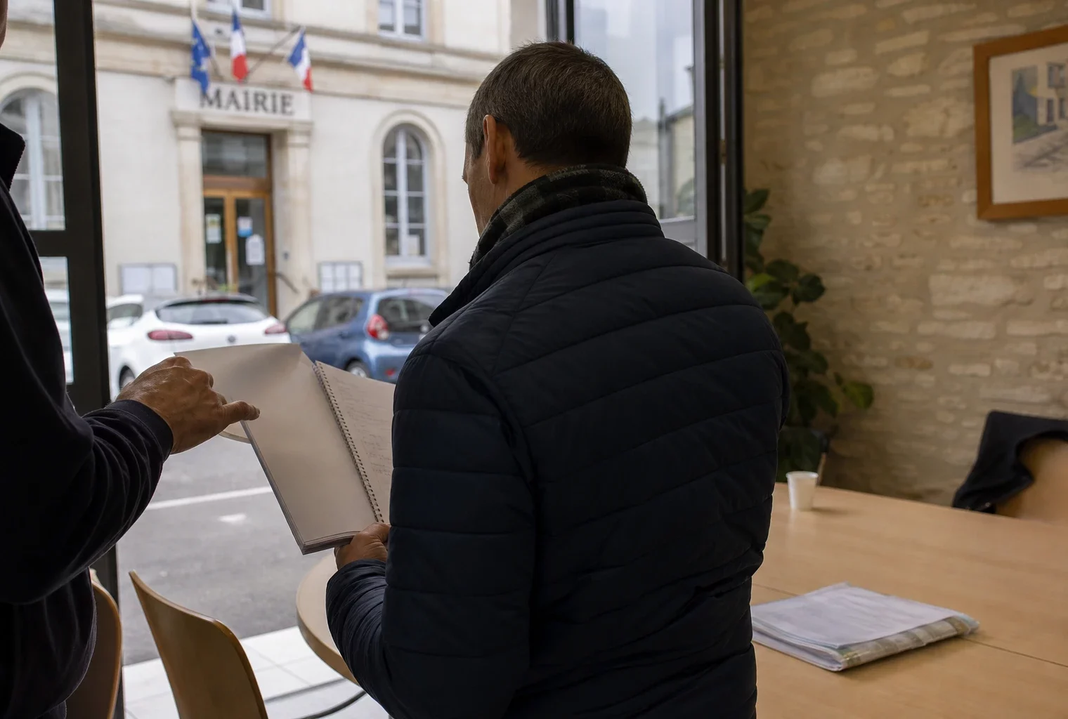 Collaborateur anonyme préparant des notes dans une mairie française, avec rue en arrière-plan et ambiance de réunion politique.
