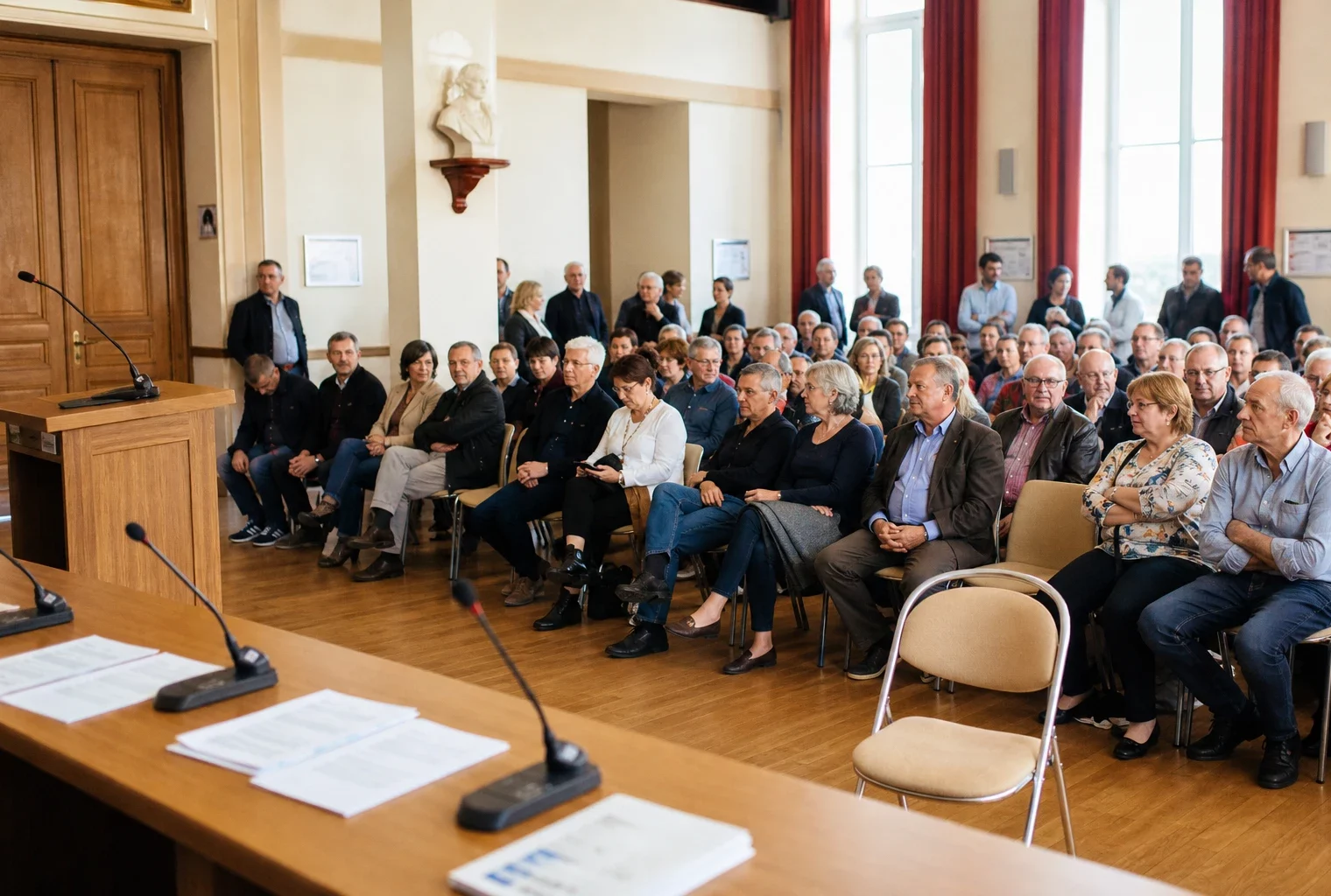 Salle municipale lumineuse avec public en attente, micros sur table et chaise vide près d’une scène de meeting.