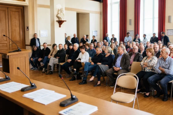 Salle municipale lumineuse avec public en attente, micros sur table et chaise vide près d’une scène de meeting.