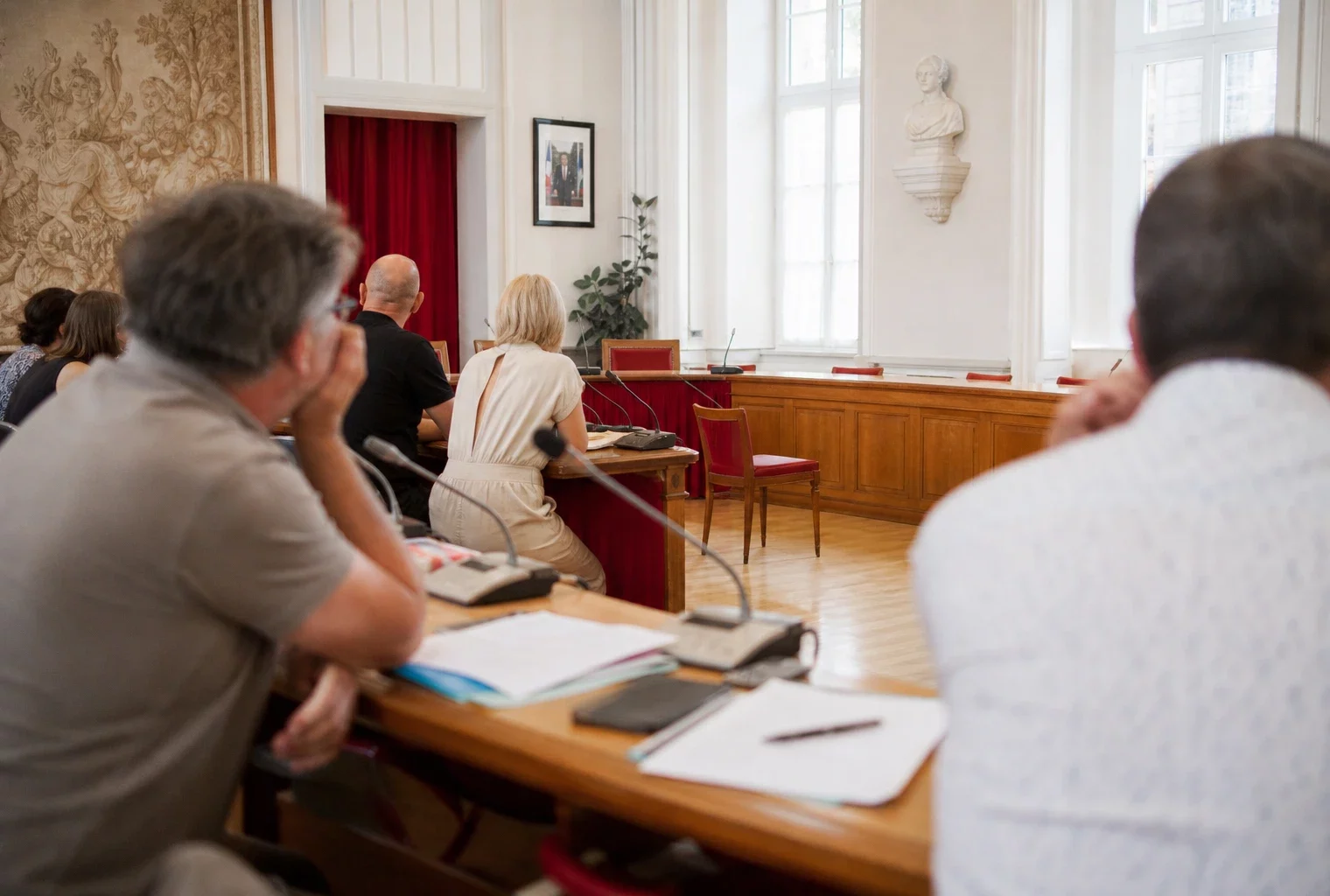 Salle municipale lumineuse avec chaise vide, micros et dossiers flous avant un meeting politique