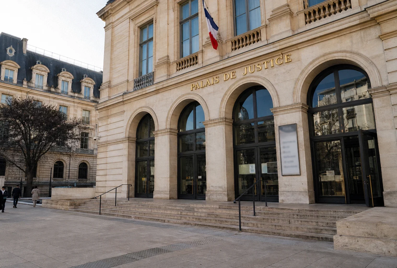 Façade du ministère de la Justice à Paris, vue oblique en lumière naturelle, avec quelques passants anonymes au premier plan.