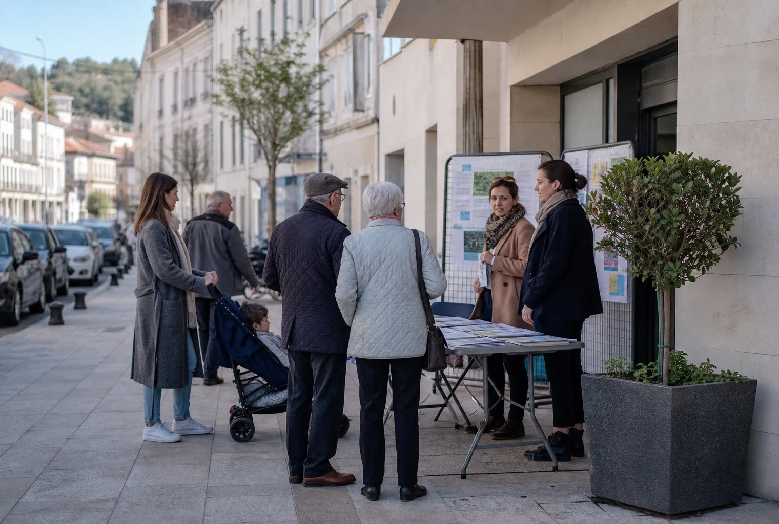 Des habitants échangent avec un agent municipal devant la mairie autour des enjeux de mobilité et de voitures électriques.
