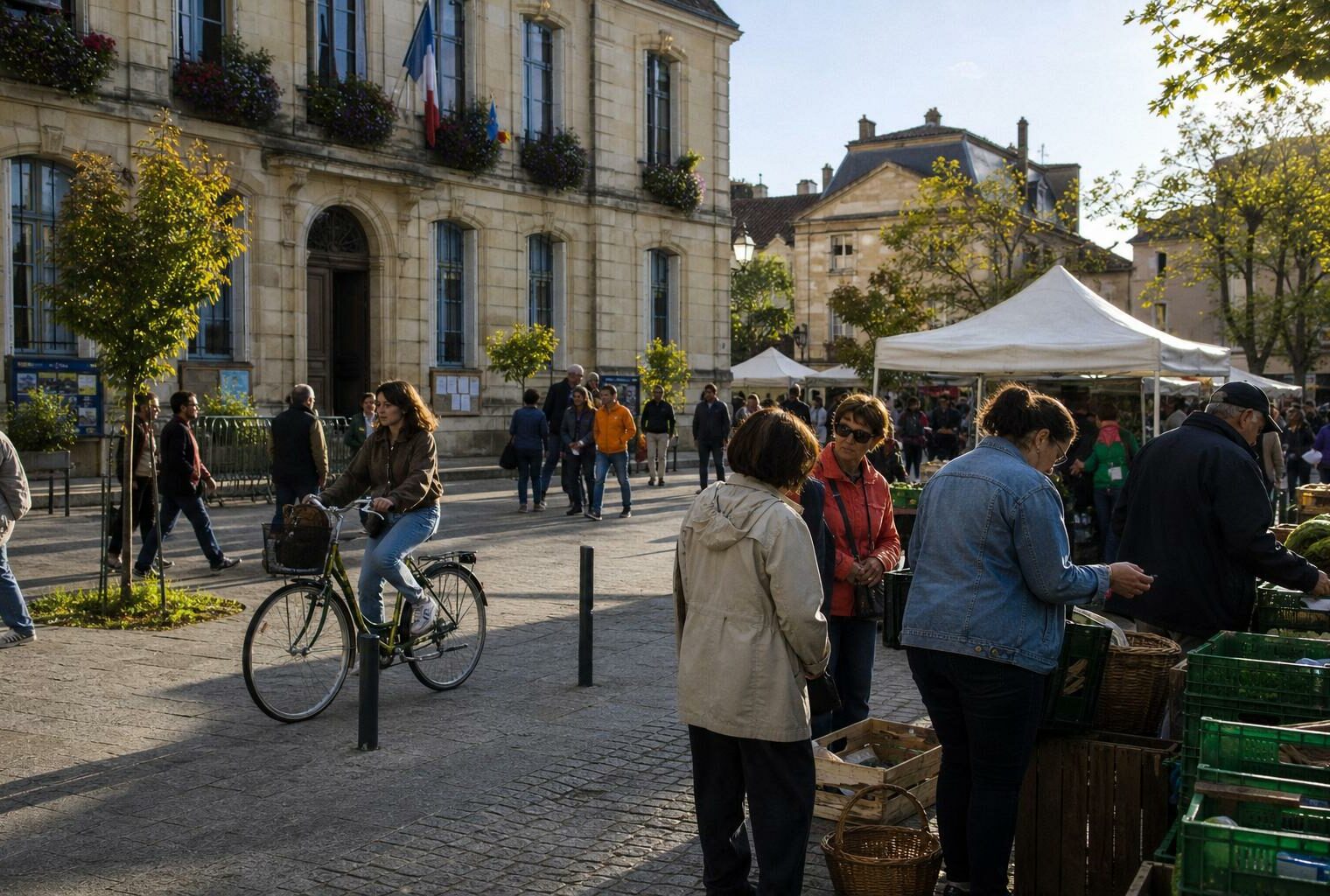 Place de ville française animée par des habitants anonymes, dans une ambiance claire de quotidien sobre et durable.