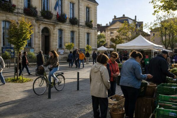 Place de ville française animée par des habitants anonymes, dans une ambiance claire de quotidien sobre et durable.