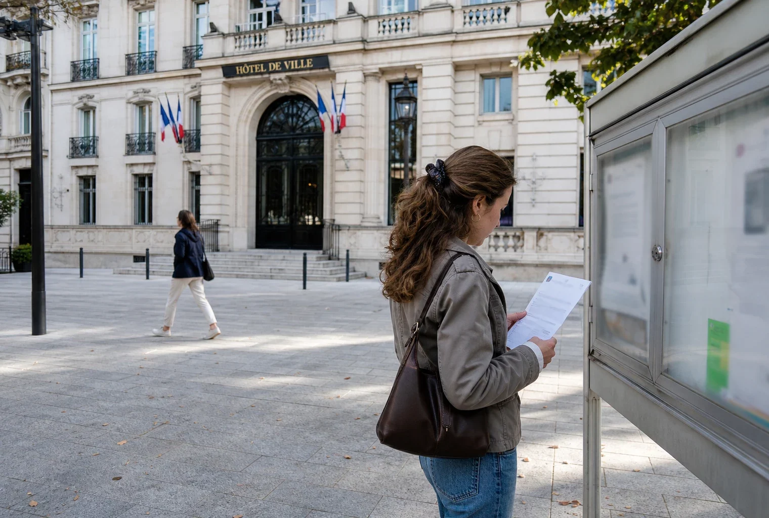 Devant la mairie de Neuilly, des passants anonymes traversent une scène de quartier calme avec un document tenu en main.