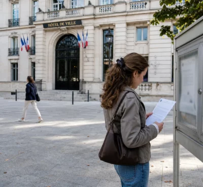 Devant la mairie de Neuilly, des passants anonymes traversent une scène de quartier calme avec un document tenu en main.