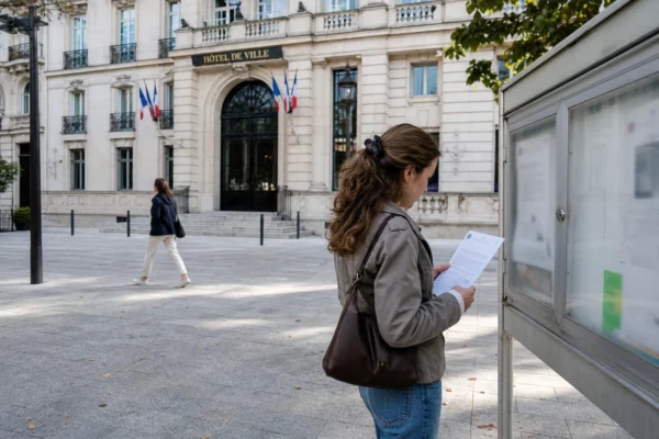Devant la mairie de Neuilly, des passants anonymes traversent une scène de quartier calme avec un document tenu en main.