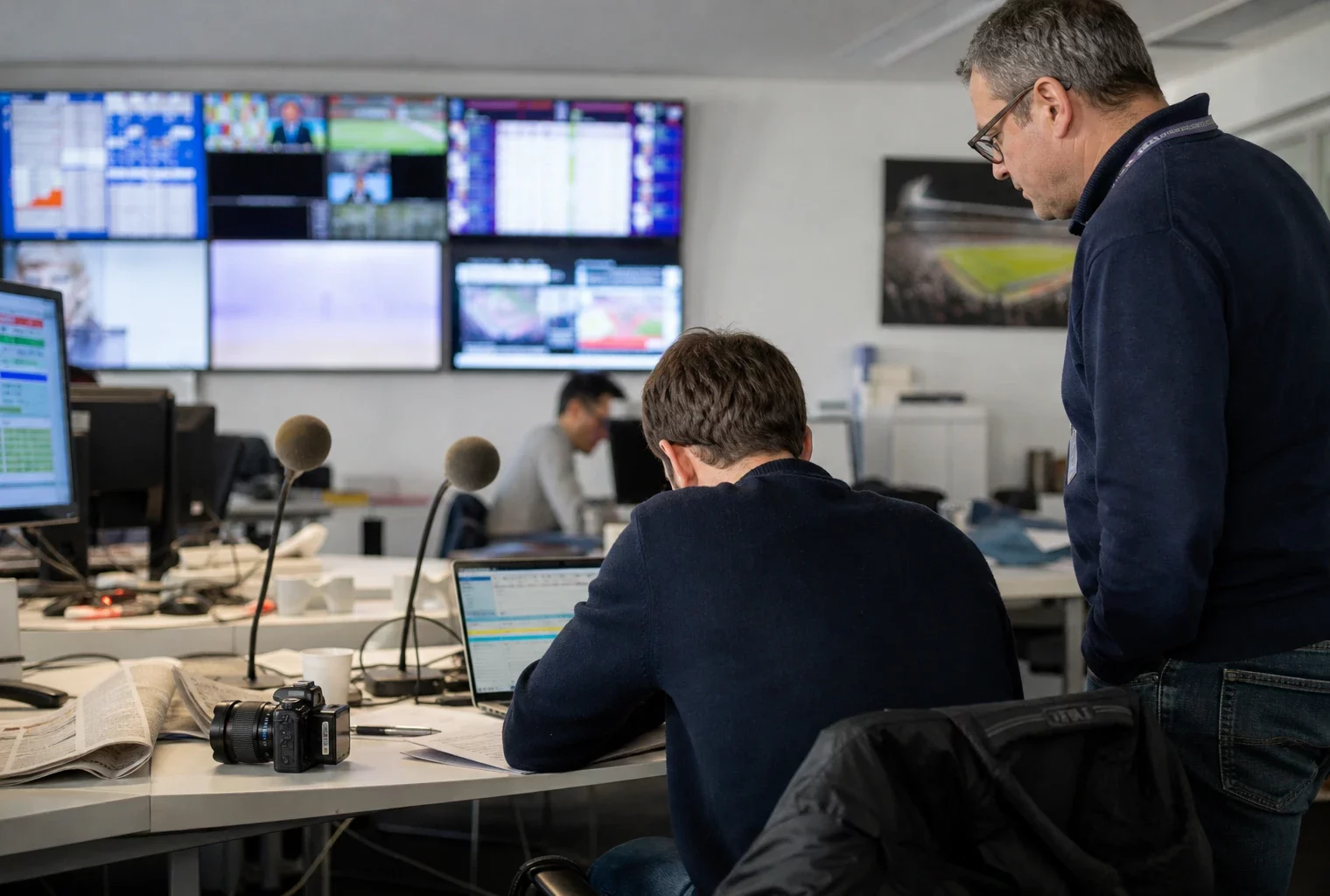 Rédaction parisienne avec journalistes, écrans de scores flous et matériel de presse autour d’un article sur le Mondial 2026