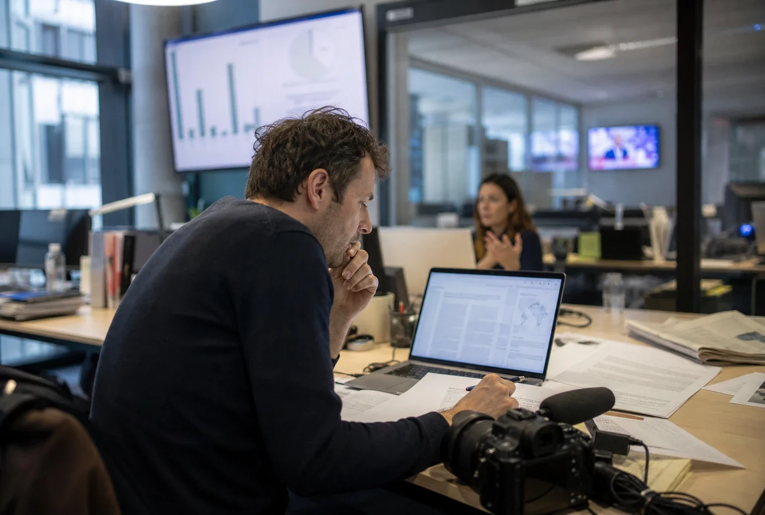 Reporter dans une rédaction française, avec caméra et écrans flous, préparant un sujet sur les importations agricoles.