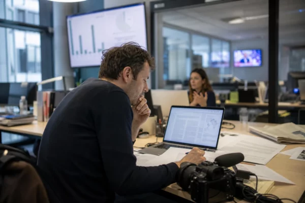Reporter dans une rédaction française, avec caméra et écrans flous, préparant un sujet sur les importations agricoles.