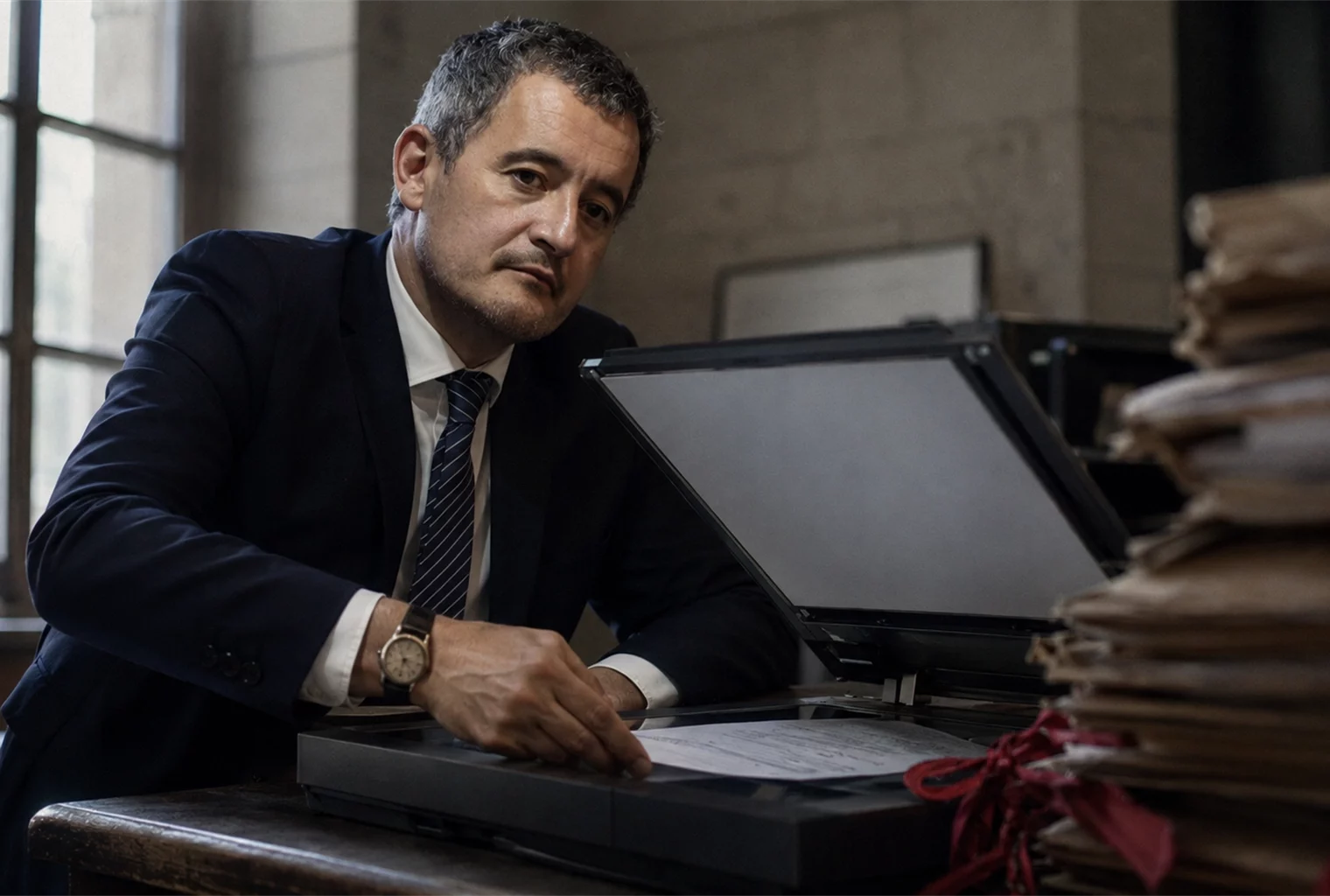 Un homme en costume numérise un document sur un scanner dans un bureau de greffe, devant des dossiers judiciaires anciens reliés de rubans rouges.