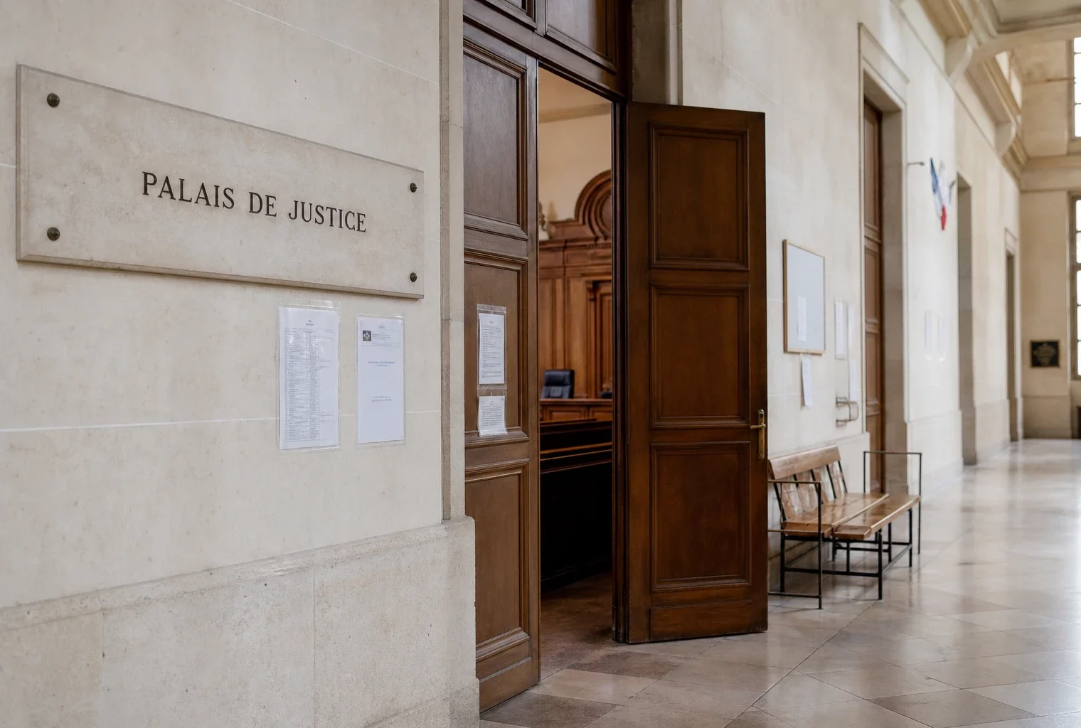 Couloir clair d’un palais de justice français avec porte sobre et salle d’audition en arrière-plan.