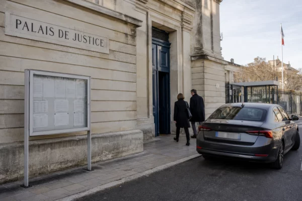 Devant un palais de justice provincial, deux agents anonymes entrent dans un bâtiment public sous une lumière claire.