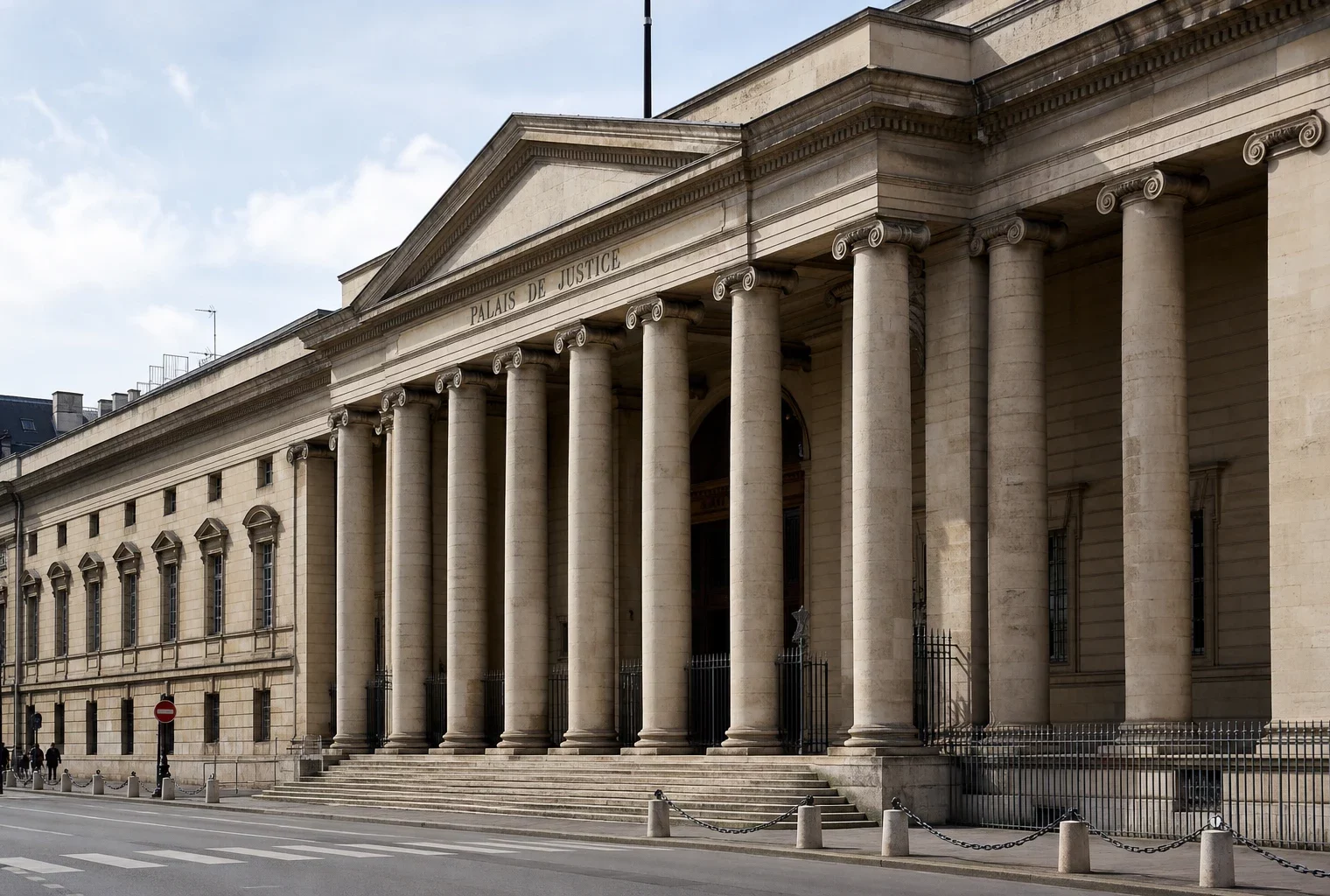Façade du Palais de Justice de Paris sous une lumière claire, avec une cour vide et une composition institutionnelle sobre.