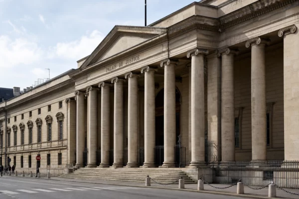 Façade du Palais de Justice de Paris sous une lumière claire, avec une cour vide et une composition institutionnelle sobre.