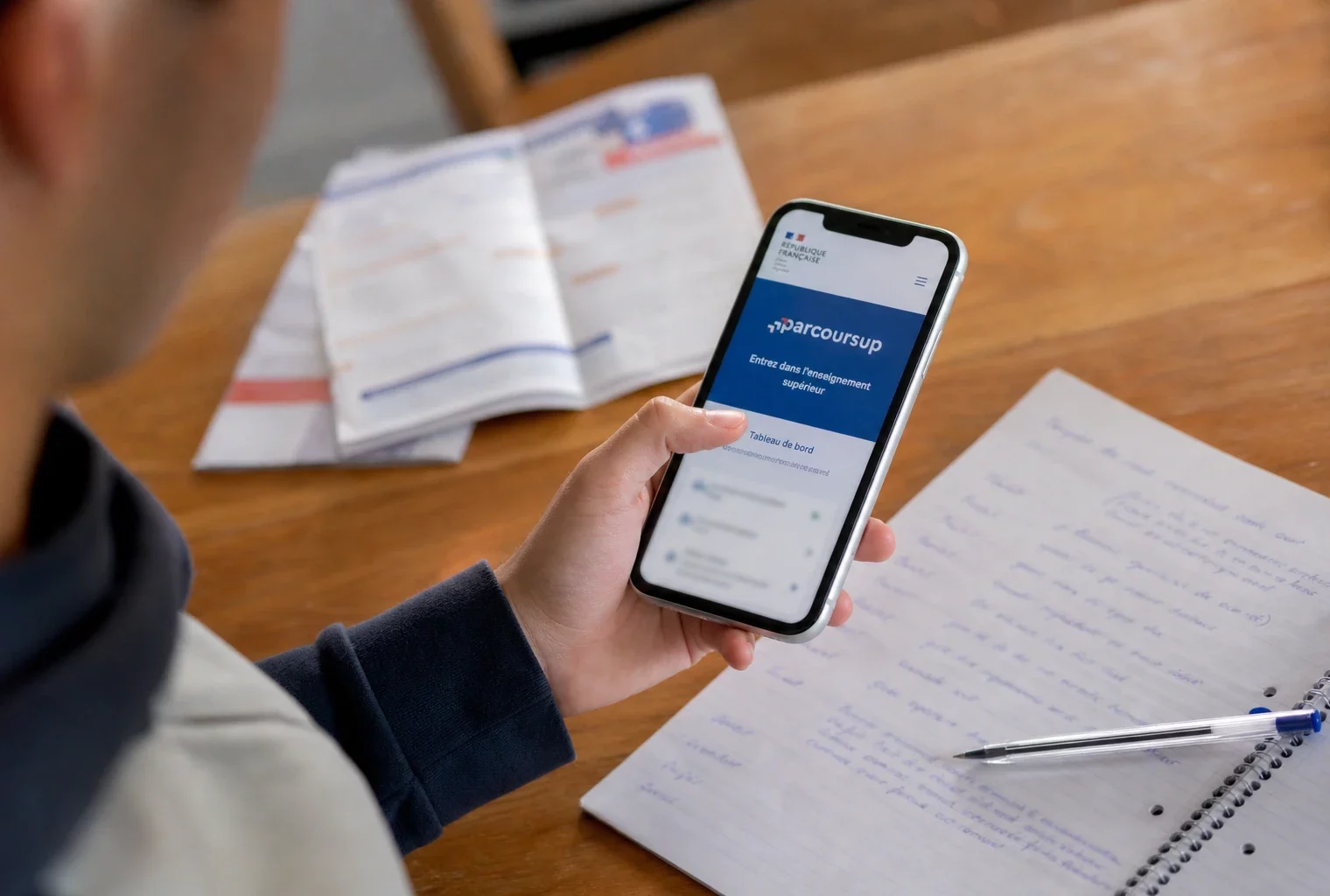 Main d’un lycéen devant un smartphone affichant Parcoursup, avec carnet et stylo sur une table de cuisine.