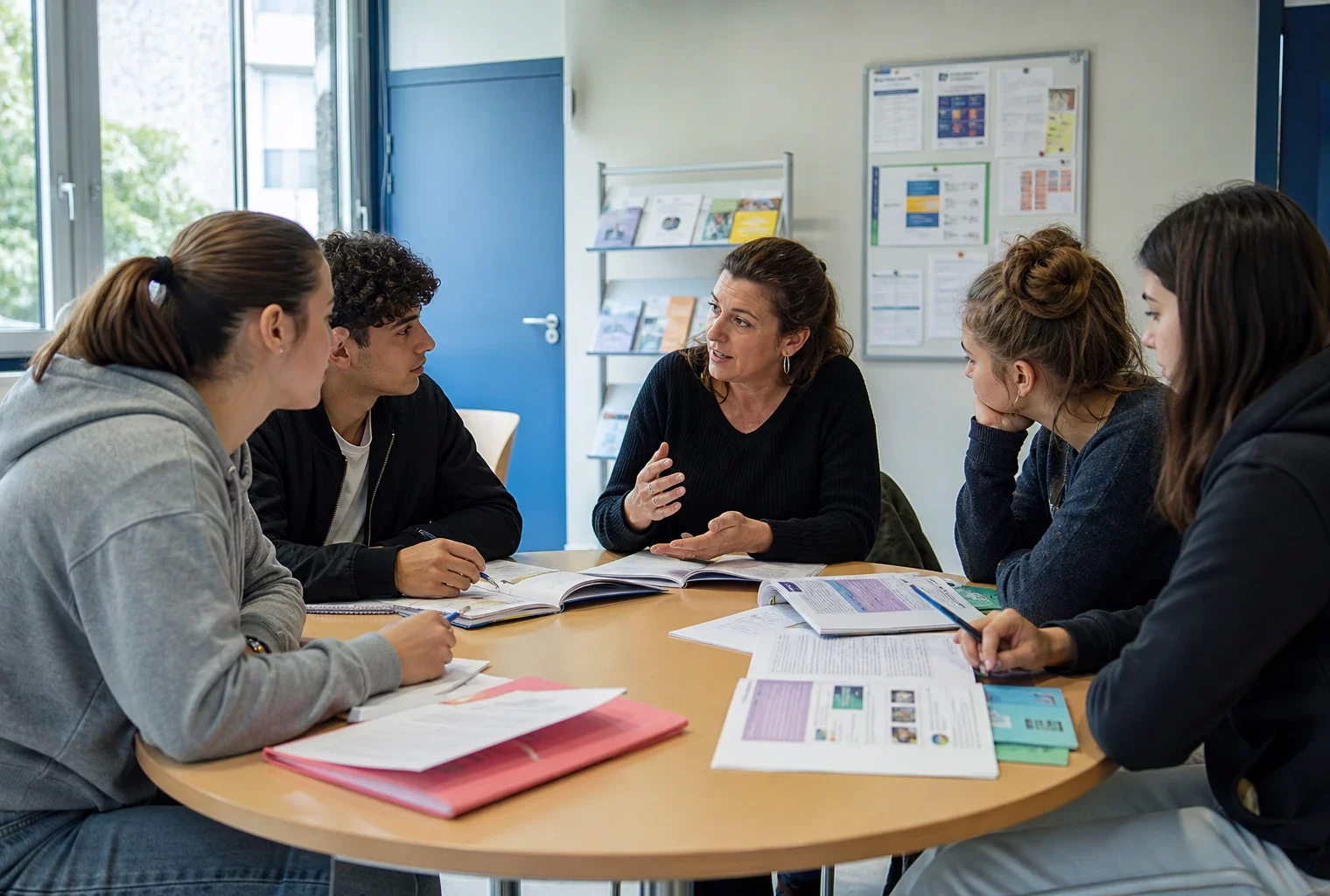 Réunion d’orientation dans un lycée français avec un conseiller et plusieurs candidats Parcoursup autour d’une table.
