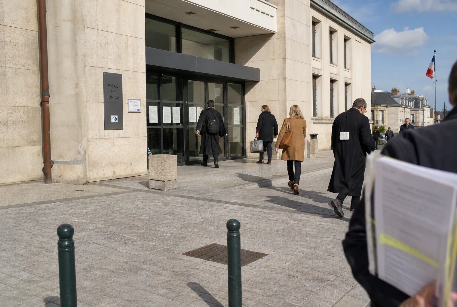 Devant un palais de justice français, des anonymes se croisent dans une scène calme de reportage en lumière du jour.