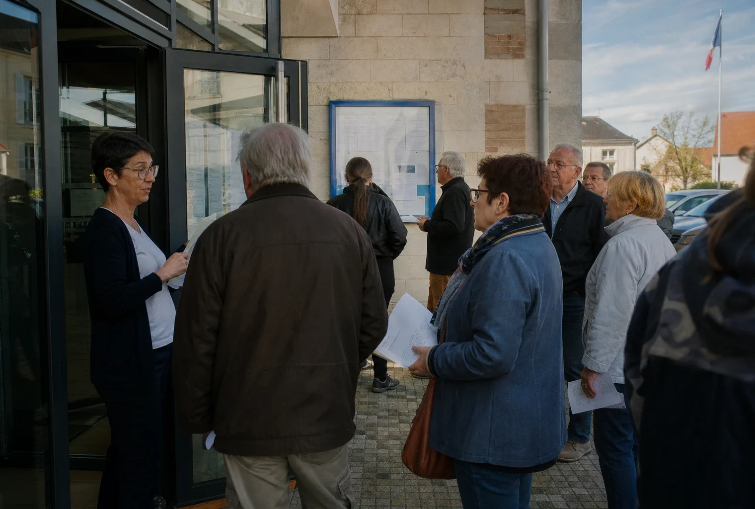 Des habitants attendent devant une mairie de province, avec des documents à la main et une ambiance de vie citoyenne calme.