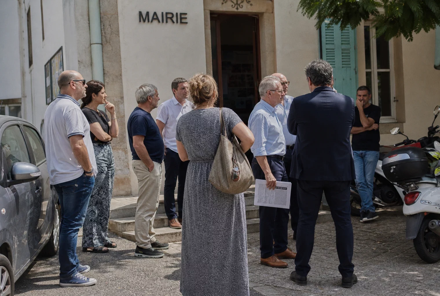 Des habitants et des élus anonymes discutent devant une mairie corse, sous une lumière naturelle claire.