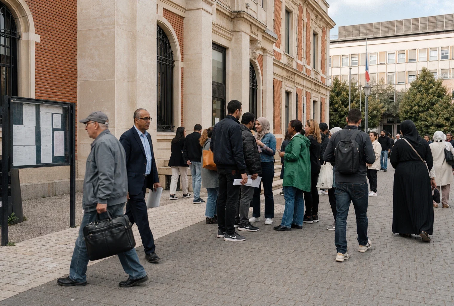 Des habitants sur le parvis d’une mairie à Saint-Denis, dans une ambiance politique locale calme et documentaire.