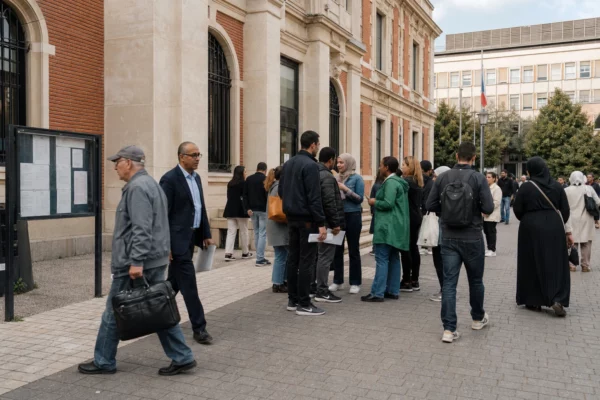 Des habitants sur le parvis d’une mairie à Saint-Denis, dans une ambiance politique locale calme et documentaire.