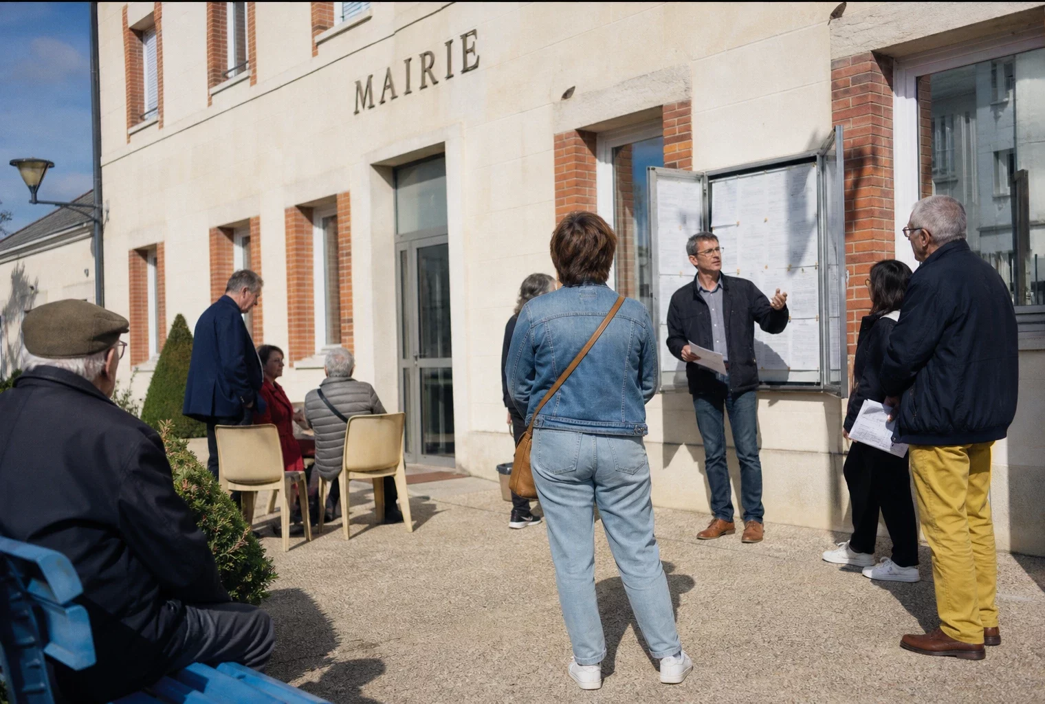 Des habitants anonymes échangent devant une mairie française, sur un parvis lumineux et calme.