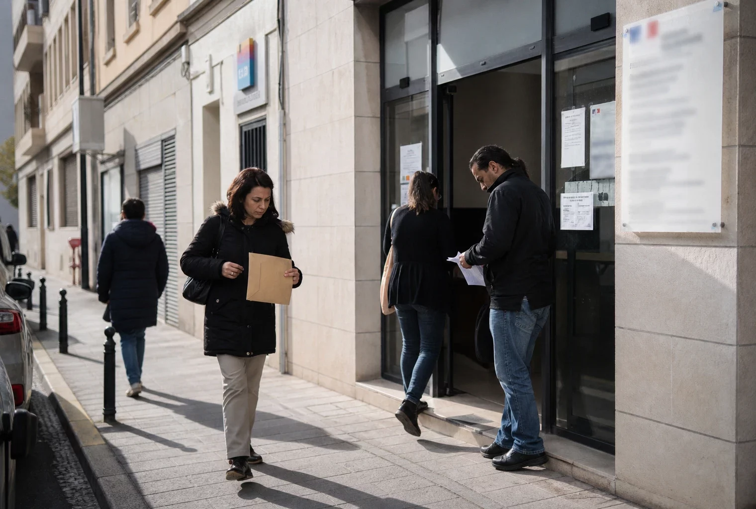 Devant un service municipal de Perpignan, des habitants anonymes entrent dans un guichet administratif en pleine journée.
