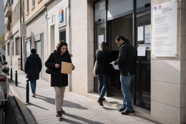 Devant un service municipal de Perpignan, des habitants anonymes entrent dans un guichet administratif en pleine journée.