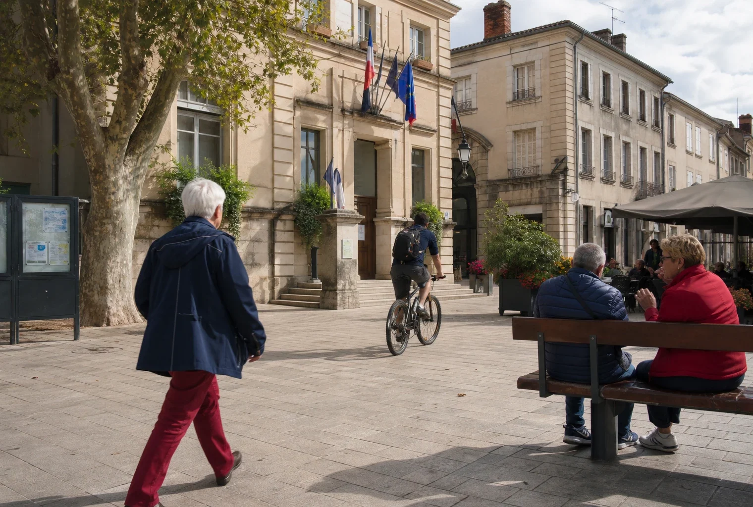 Place de commune française en journée, avec passants anonymes, mairie locale et ambiance politique de terrain.