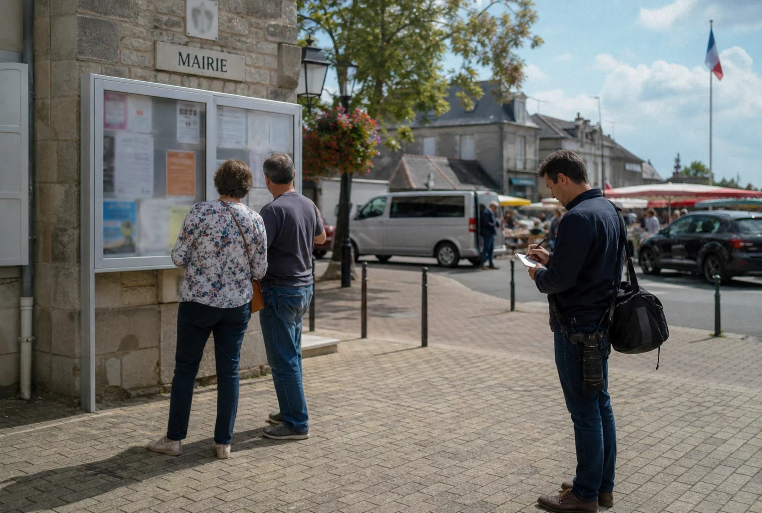 Place de mairie en ville moyenne avec journaliste, passants anonymes et ambiance de reportage politique