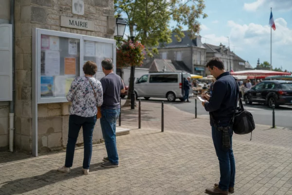 Place de mairie en ville moyenne avec journaliste, passants anonymes et ambiance de reportage politique