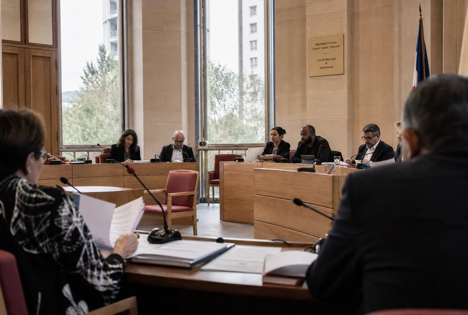 Salle municipale de Saint-Denis avec micros, dossiers flous et chaise vide dans une ambiance de conseil local.