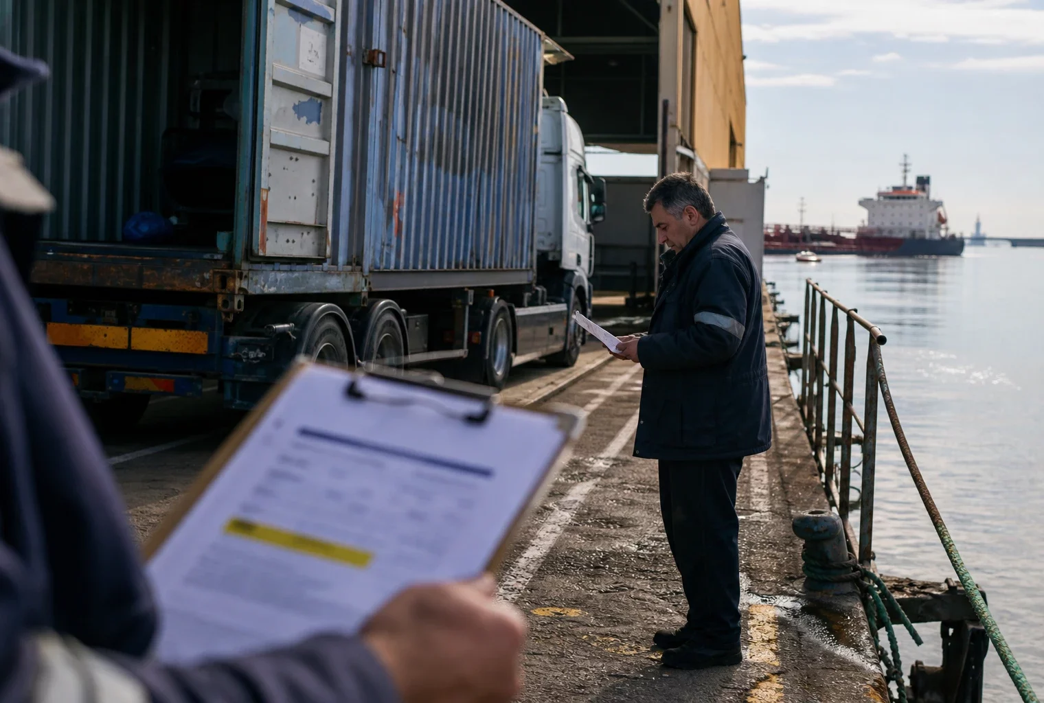 Scène de port logistique français avec camions civils, conteneurs et travail portuaire en lumière naturelle.