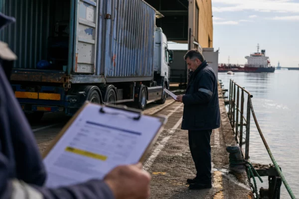 Scène de port logistique français avec camions civils, conteneurs et travail portuaire en lumière naturelle.