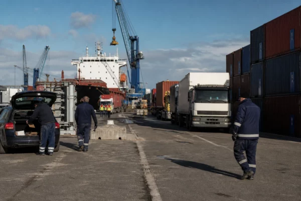 Reportage photo d’un terminal portuaire français avec camions civils, conteneurs et cargo en activité normale.