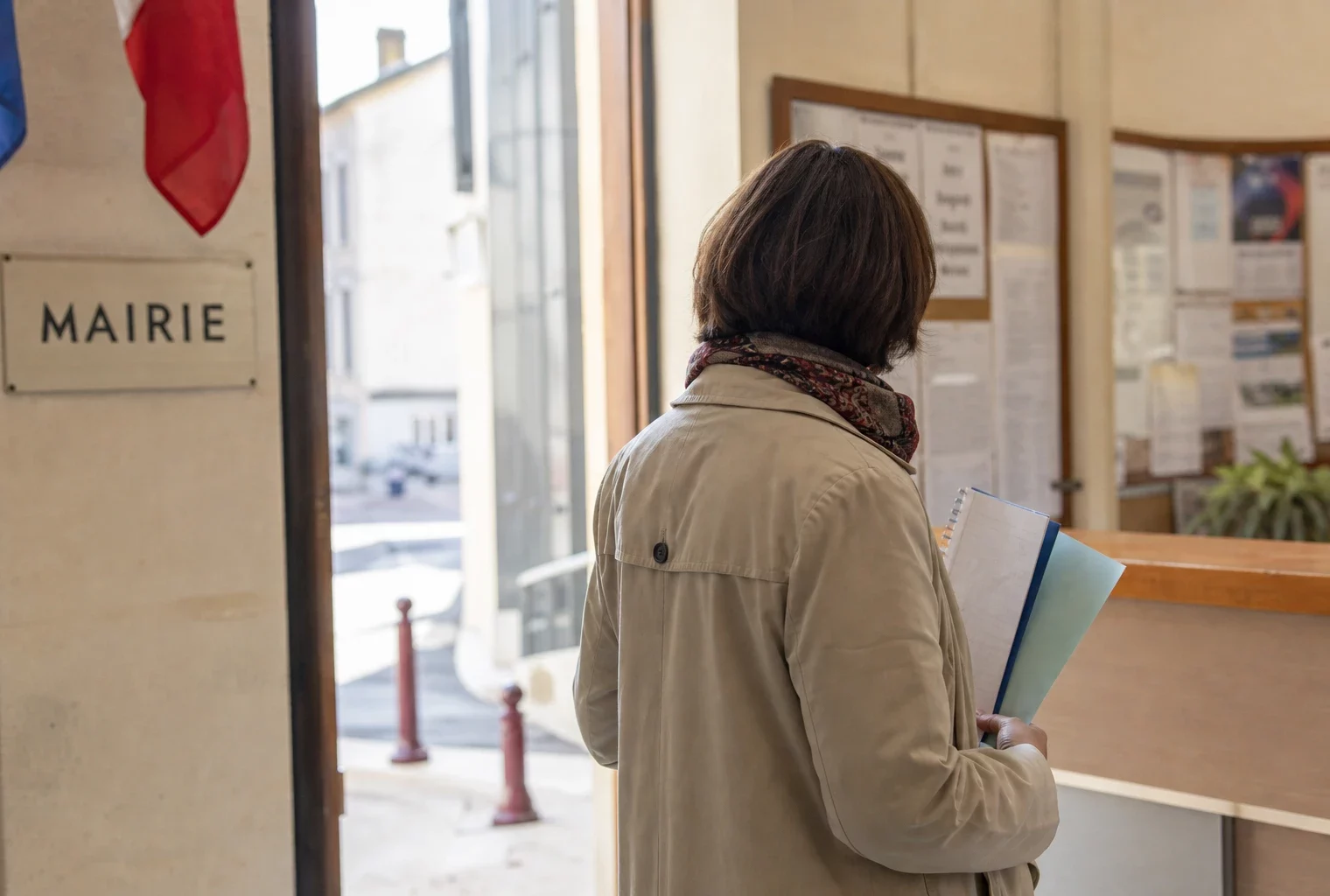 Un collaborateur municipal anonyme de dos tient un dossier dans une mairie française lumineuse.