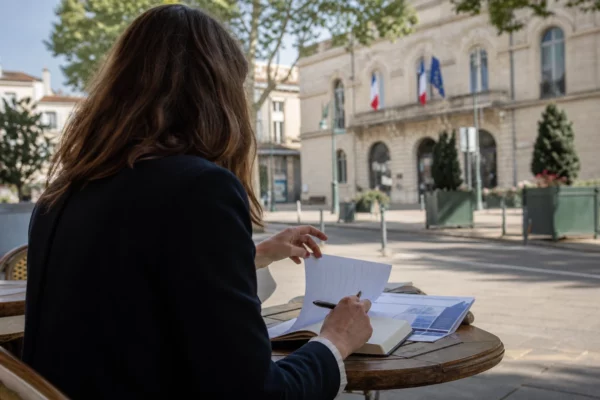 Collaborateur de campagne anonyme de dos, carnet ouvert, devant une mairie française en lumière naturelle.