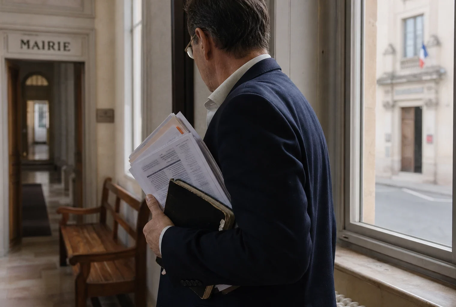 Un élu local de dos dans une mairie, carnet à la main, avec une rue française floue en arrière-plan.