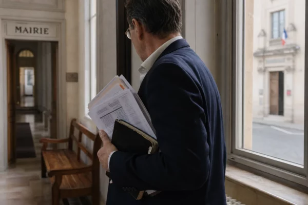Un élu local de dos dans une mairie, carnet à la main, avec une rue française floue en arrière-plan.