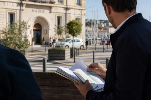 Un élu local de dos consulte un dossier devant la mairie, dans une lumière naturelle et un décor urbain français.