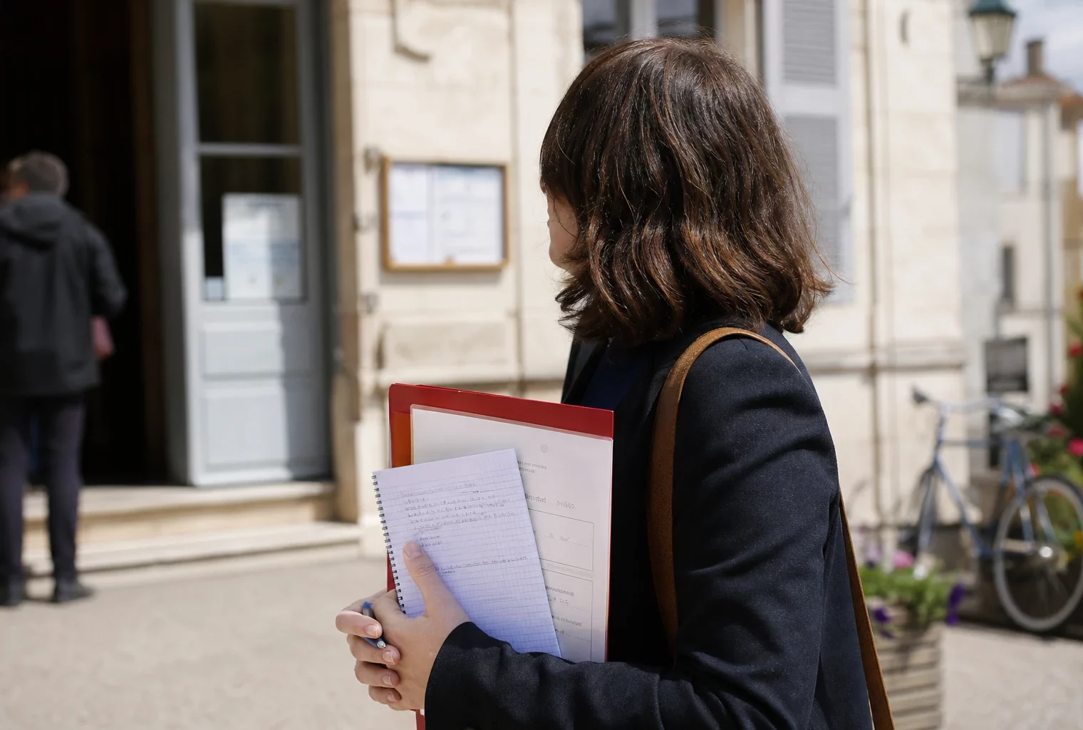 Un élu local anonyme prend des notes devant une mairie de province, dans une scène politique de terrain en lumière naturelle.