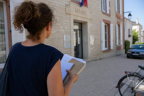 Collaborateur municipal de dos devant la mairie, dossier à la main, dans une rue de village française en lumière naturelle.